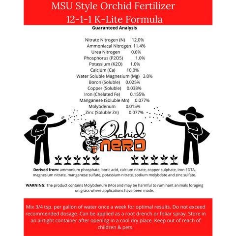 Orchid Nerd K-Lite Fertilizer 12-1-1-10Ca-3Mg in an 8 oz resealable pouch, a urea-free, low-potassium formula with calcium and magnesium designed for orchids and epiphytes.