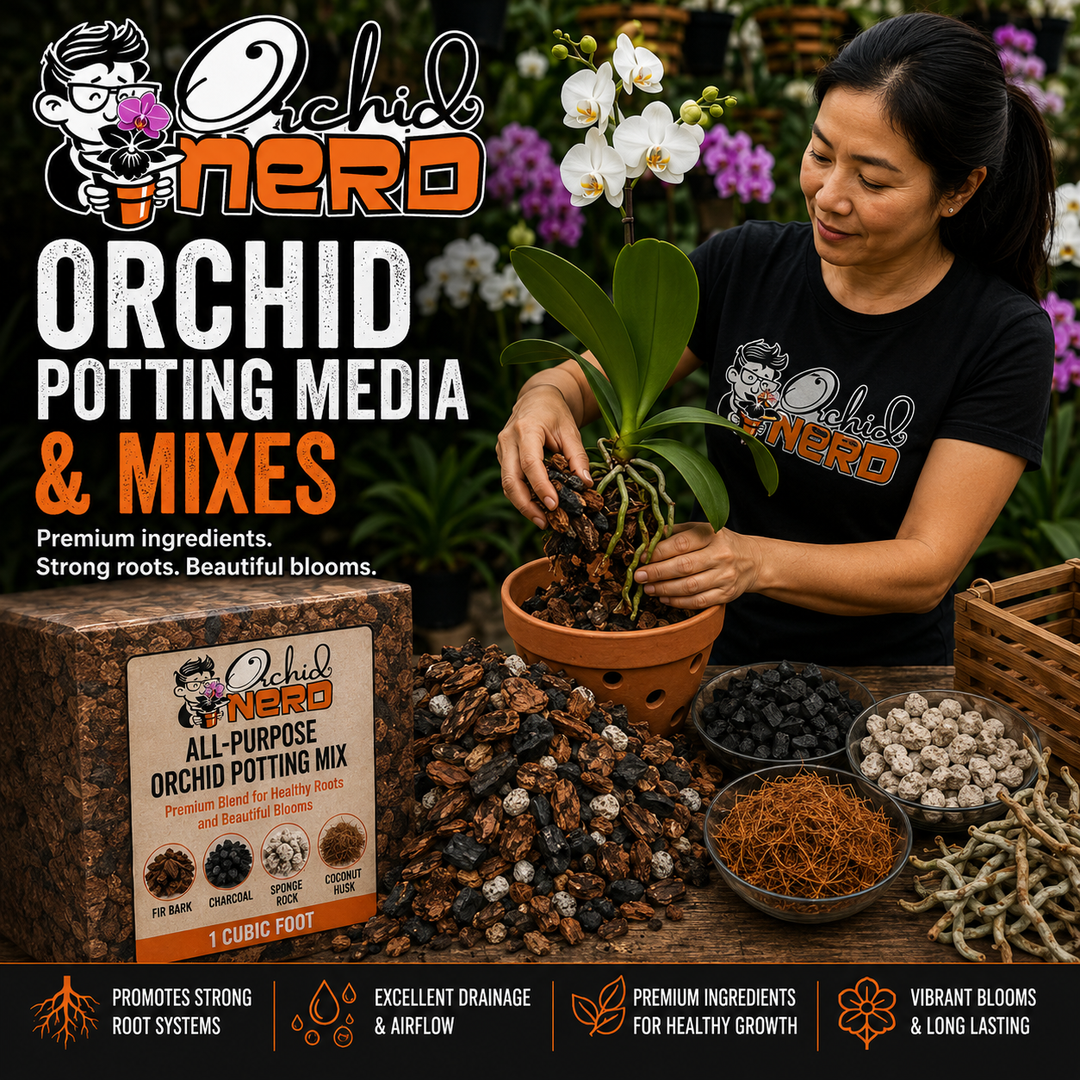 Orchid potting media collection banner featuring a grower repotting a Phalaenopsis orchid using Orchid Nerd all-purpose orchid potting mix with fir bark, charcoal, coconut husk, and sponge rock inside a tropical greenhouse at Waldor Orchids