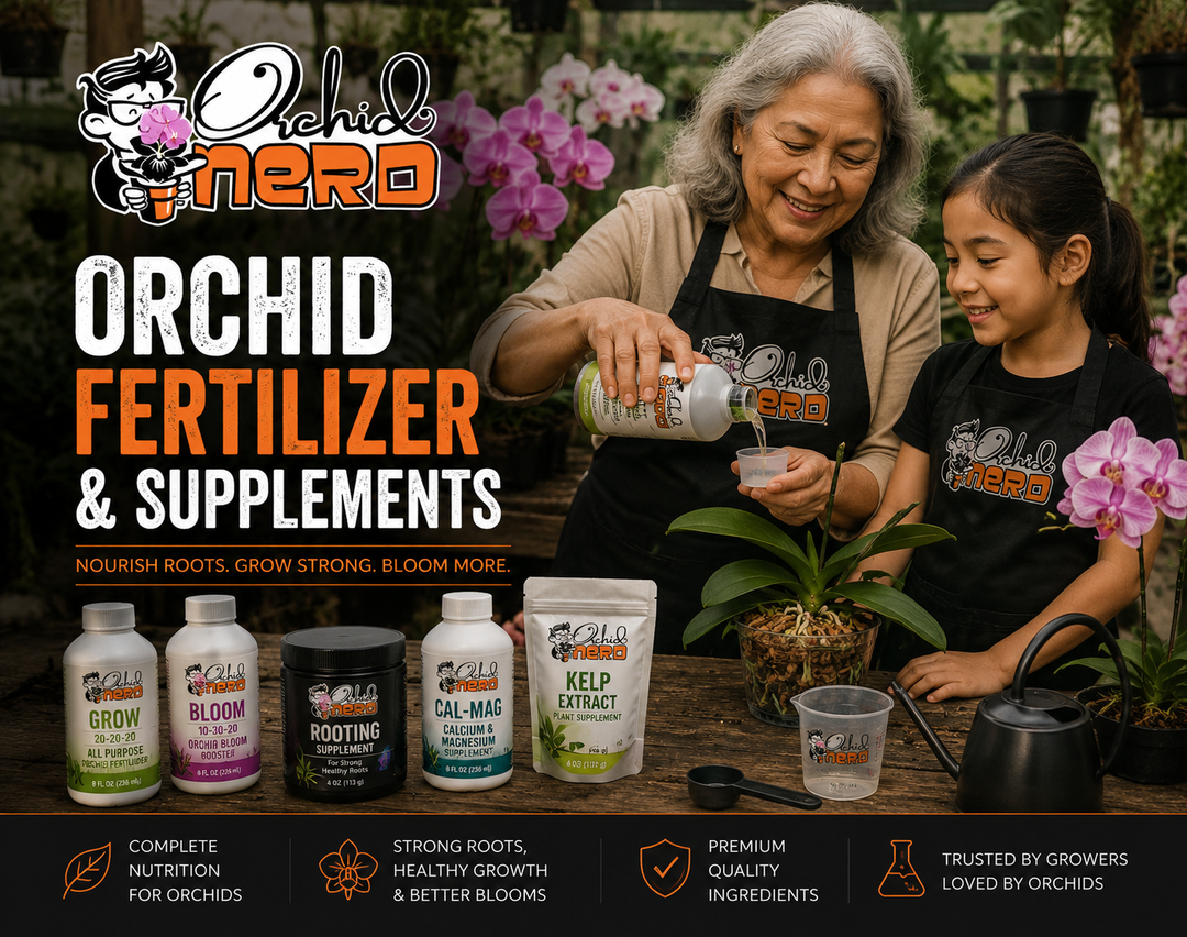 Orchid Nerd orchid fertilizer and supplements collection banner featuring an older woman and child feeding orchids with orchid fertilizer products inside a greenhouse at Waldor Orchids