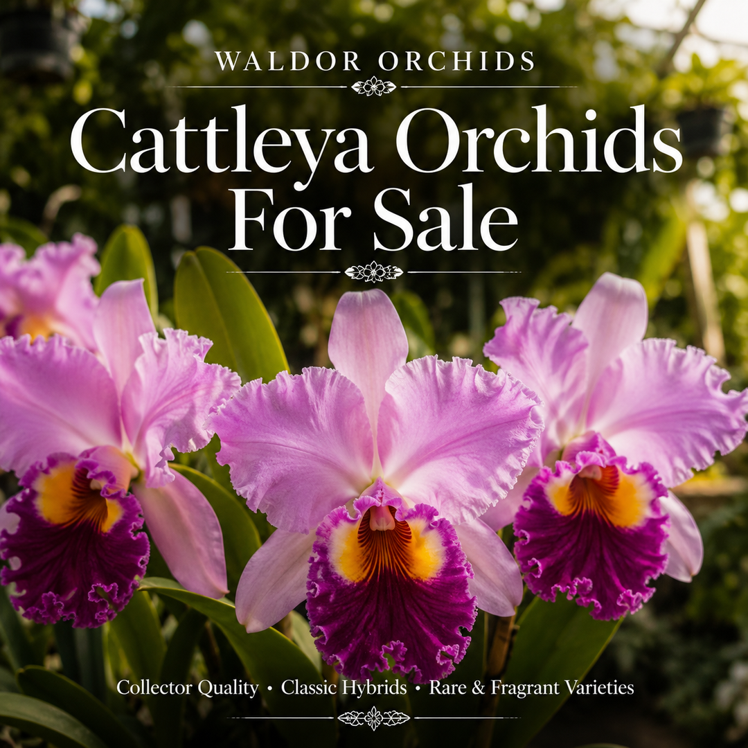 Cattleya Orchids For Sale collection banner featuring blooming lavender and magenta Cattleya orchids inside the Waldor Orchids greenhouse in New Jersey