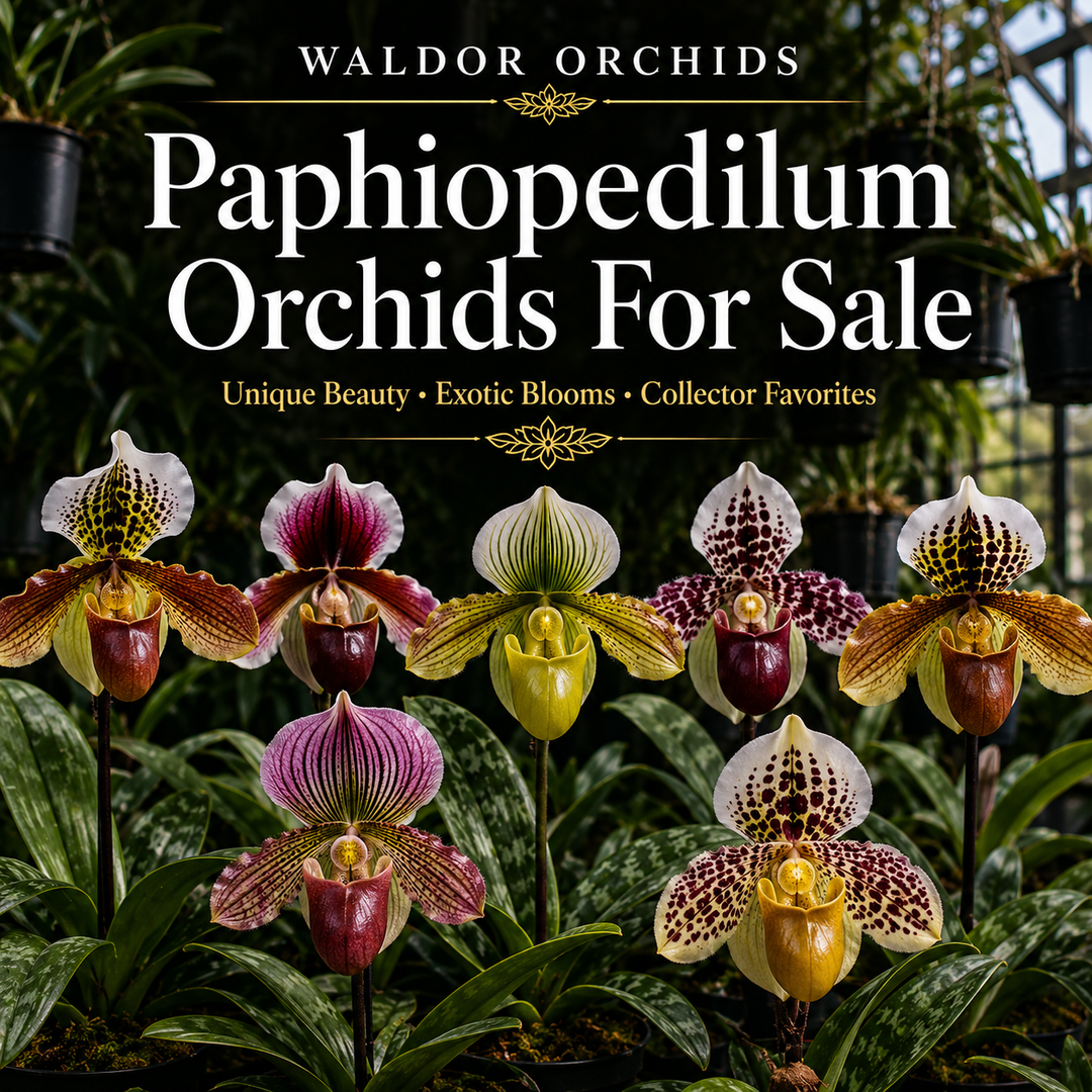 Paphiopedilum Orchids For Sale collection banner featuring colorful slipper orchids and mottled-leaf Paphiopedilum hybrids growing inside the Waldor Orchids greenhouse