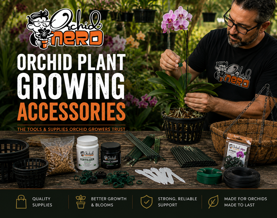 Orchid Plant Growing Accessories collection banner featuring Orchid Nerd orchid supplies including clips, stakes, baskets, pots, fertilizer, and orchid care accessories inside a greenhouse workspace
