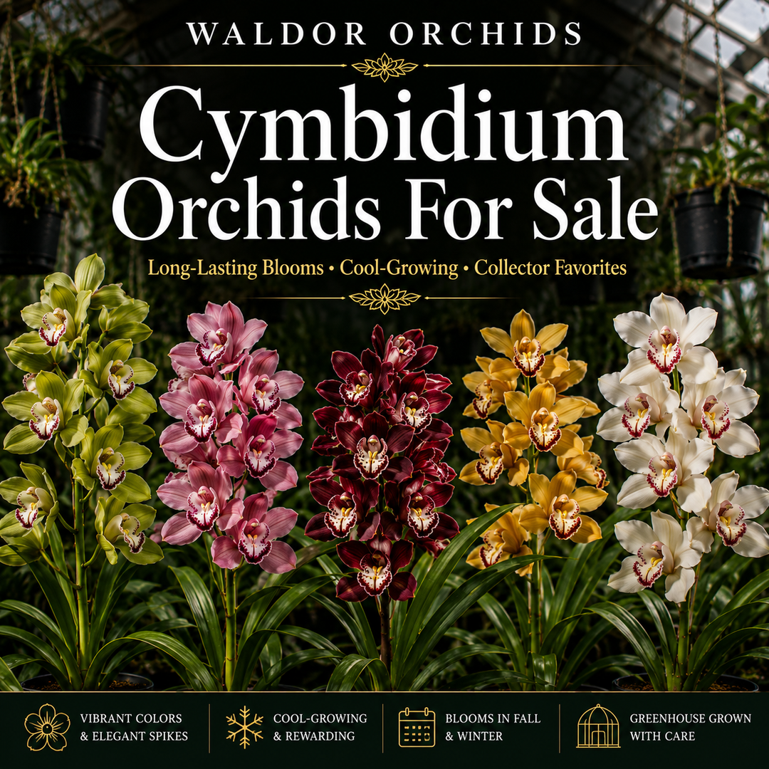 Cymbidium Orchids For Sale collection banner featuring colorful Cymbidium orchids with tall flower spikes blooming inside the Waldor Orchids greenhouse in New Jersey