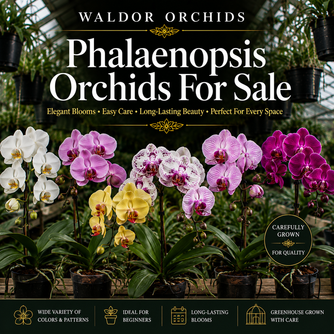 Phalaenopsis Orchids For Sale collection banner featuring colorful moth orchids with long-lasting blooms growing inside the Waldor Orchids greenhouse in New Jersey
