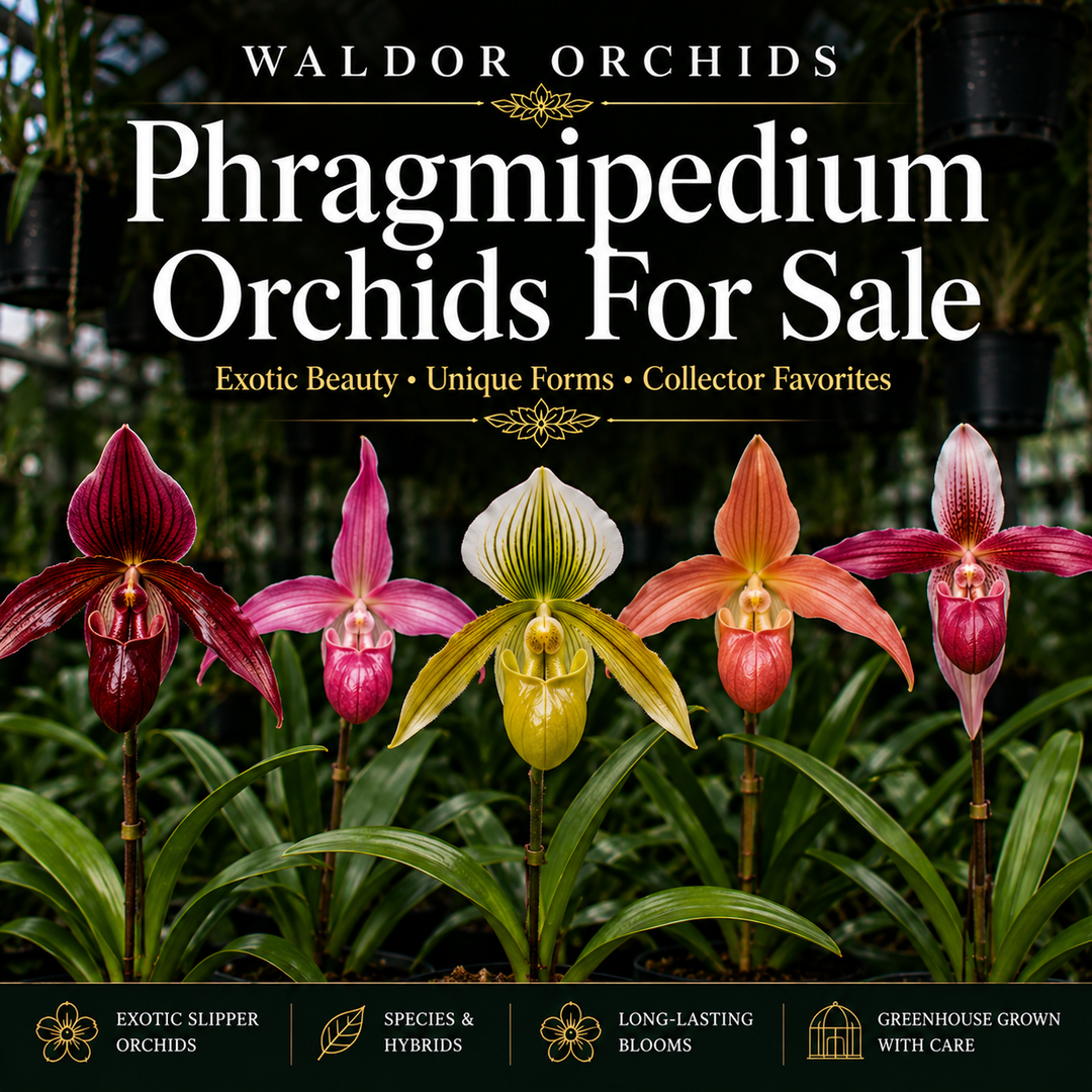 Phragmipedium Orchids For Sale collection banner featuring colorful Phragmipedium slipper orchids and exotic hybrids growing inside the Waldor Orchids greenhouse in New Jersey