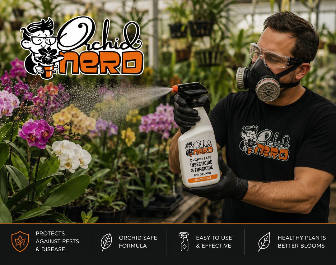 Orchid Nerd insecticides and fungicides collection banner featuring a greenhouse grower wearing protective gear while spraying orchids with orchid-safe plant treatment products inside a greenhouse at Waldor Orchids