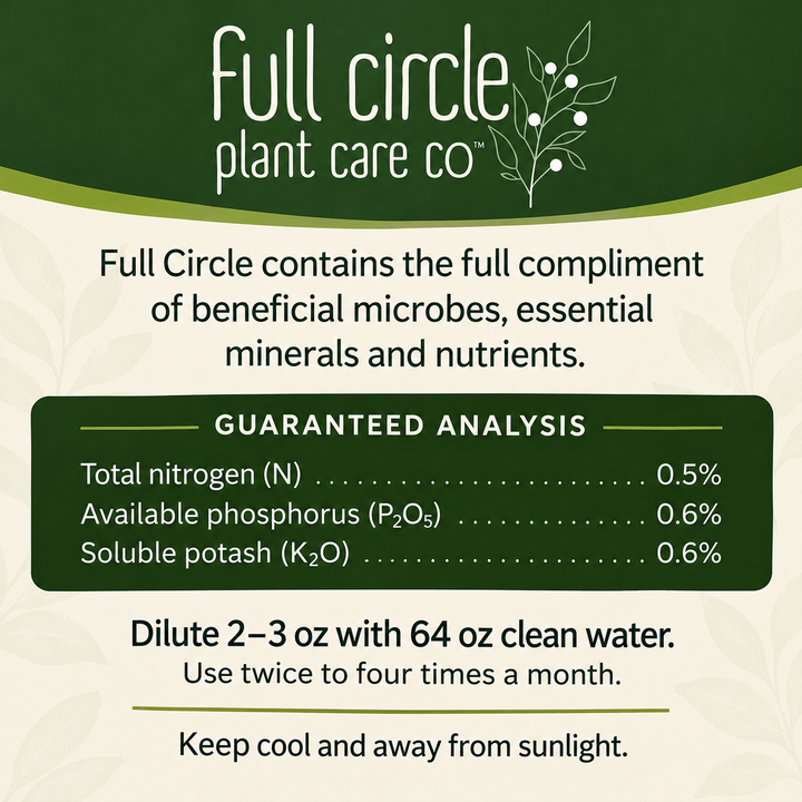 Full Circle Premium Plant Tonic guaranteed analysis and instructions showing nitrogen, phosphate, potash, dilution ratio, and storage recommendations.
