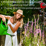 Smiling woman in a sunny garden demonstrating application methods of plant tonic using watering can and foliar spray.