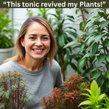 Smiling woman in garden with healthy plants and testimonial for Full Circle plant tonic