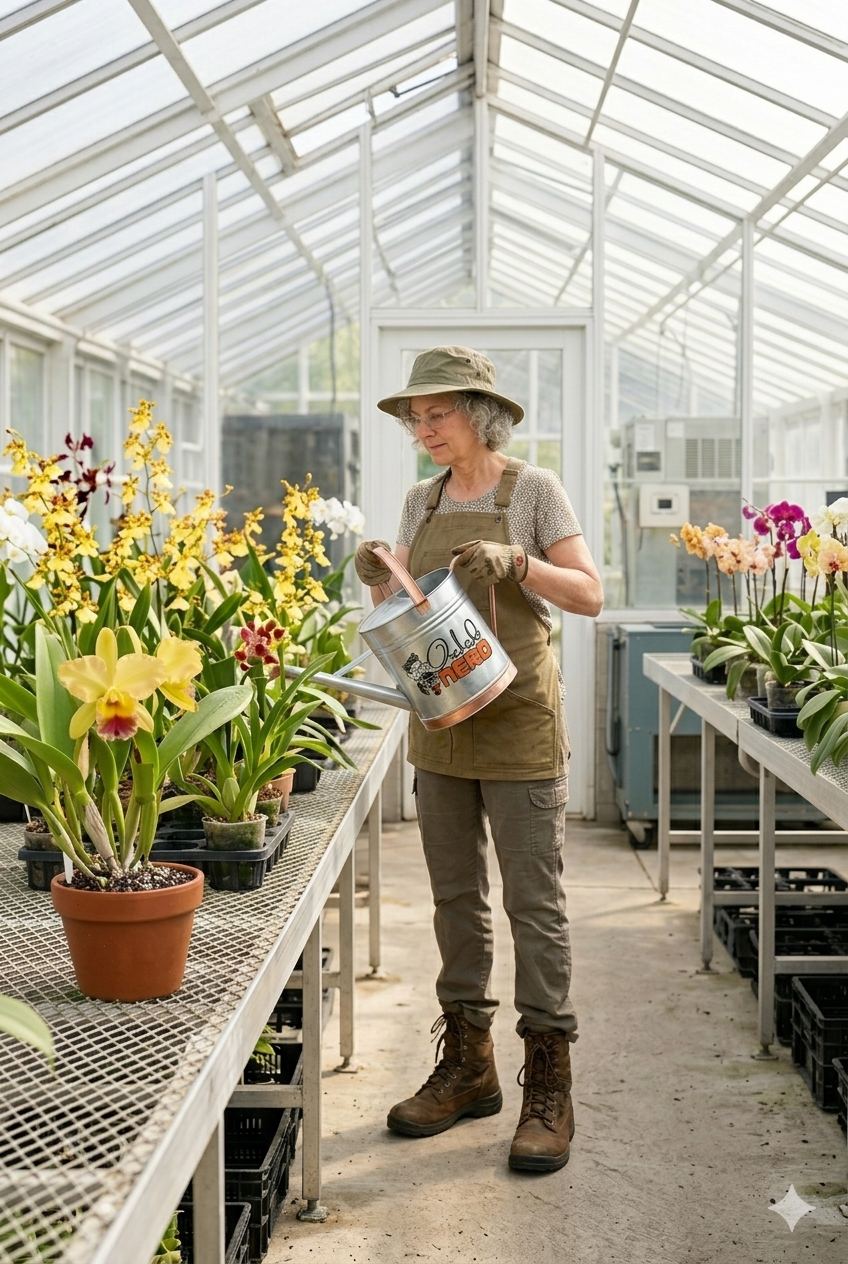 An expert orchid grower with grey hair and a gardening hat precisely watering a Cattleya orchid using a watering can featuring the Orchid Nerd logo inside a professional greenhouse.