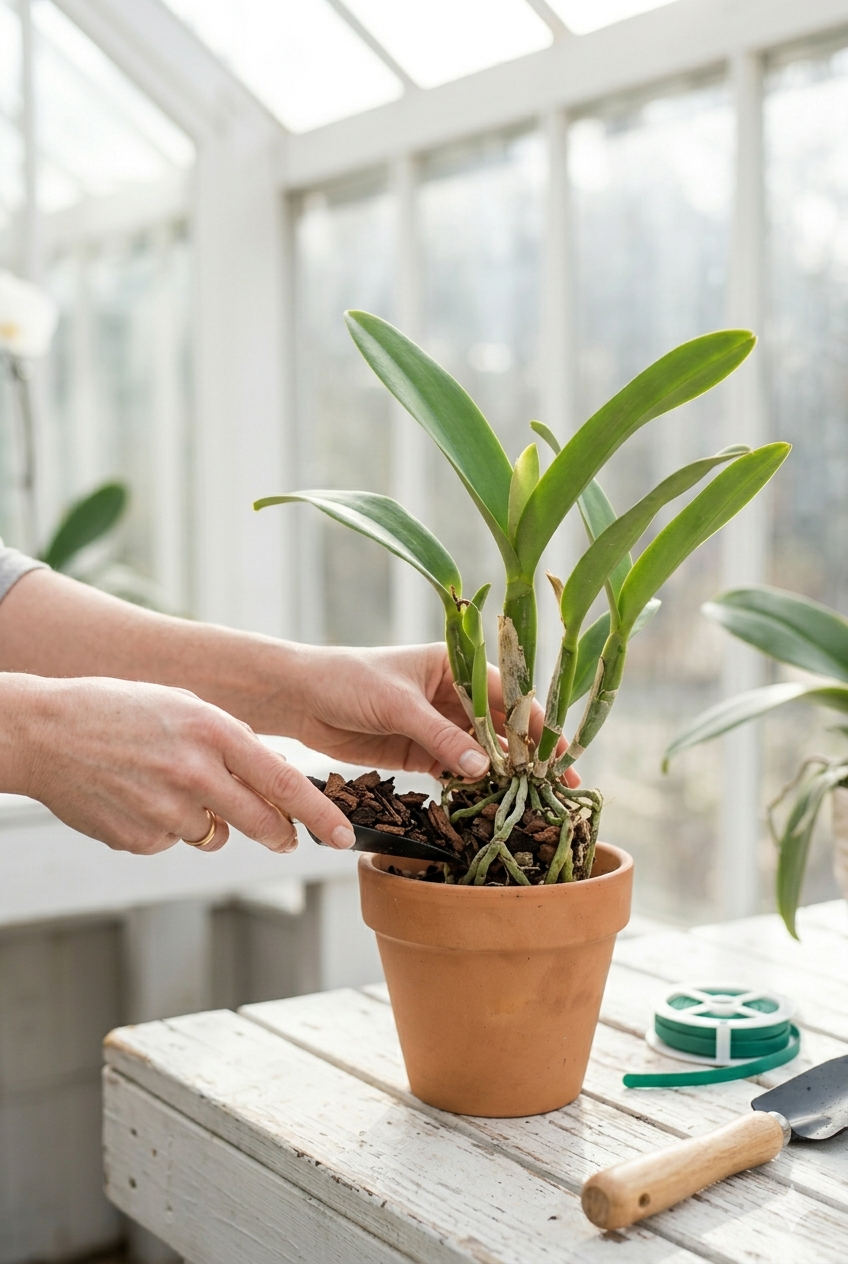 Expert orchid repotting guide: hands adding fresh bark media to a Cattleya orchid in a terra cotta pot.