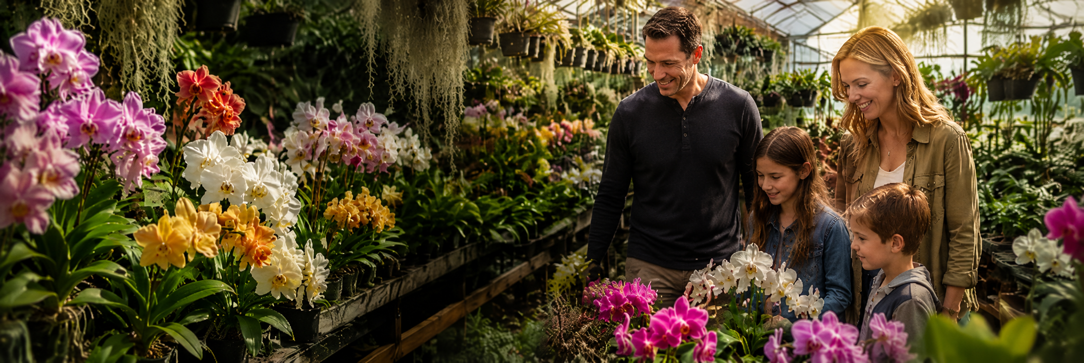 Greenhouse filled with blooming orchids and tropical plants as a family explores colorful orchid displays at Waldor Orchids. Bright natural light, lush greenery, and vibrant flowers create a warm and welcoming orchid shopping experience.