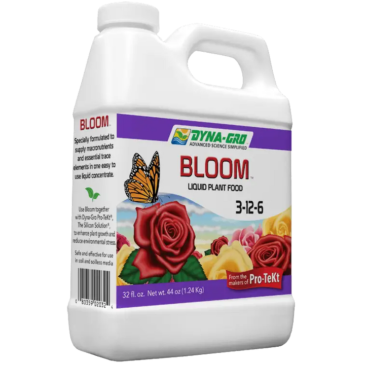 Superthrive Bloom 3-12-6 quart fertilizer formerly Dyna-Gro promotes large blooms and dense flower production with balanced nutrients for indoor and hydroponic 