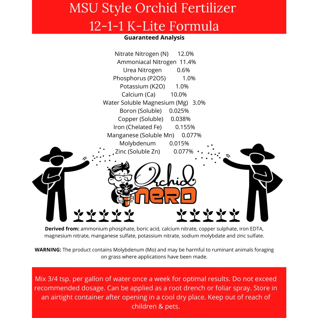 Orchid Nerd K-Lite Fertilizer 12-1-1-10Ca-3Mg in an 8 oz resealable pouch, a urea-free, low-Pot, assium formula with caium and magnesium designed for orchids and epiphytes.