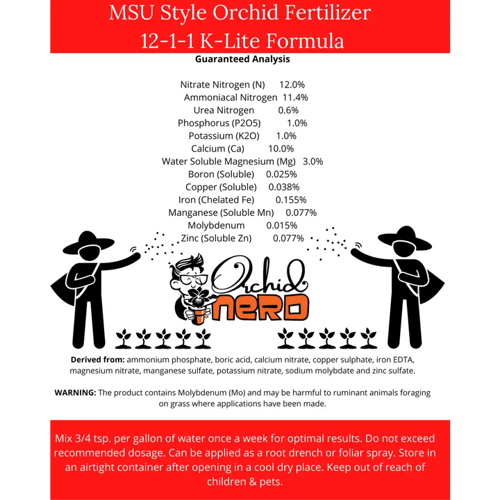 Orchid Nerd K-Lite Fertilizer 12-1-1-10Ca-3Mg in an 8 oz resealable pouch, a urea-free, low-Pot, assium formula with caium and magnesium designed for orchids and epiphytes.