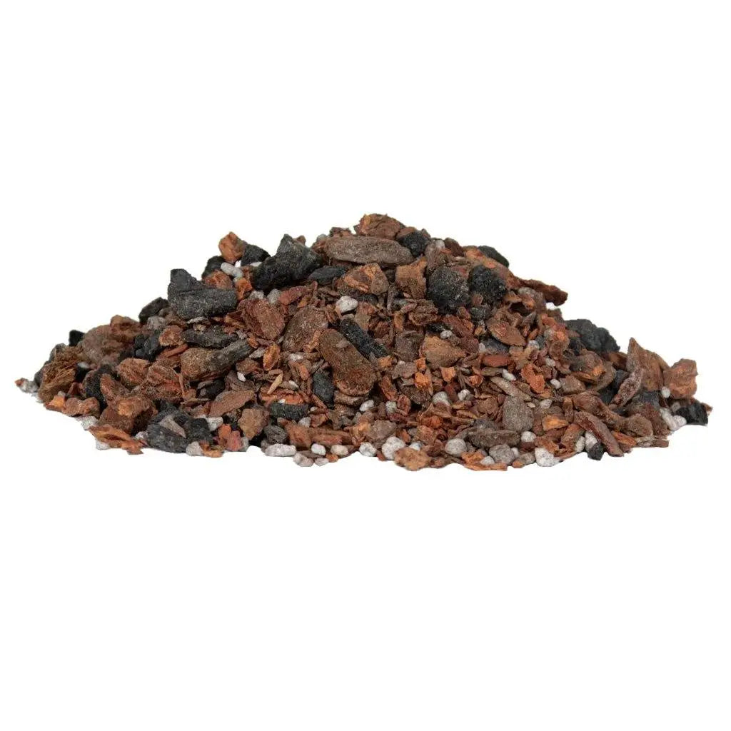 Orchid Nerd Paphiopedilum orchid potting mix 2 cubic foot box with fir bark, charcoal, sponge rock, coconut husk, and moisture-retentive additives.